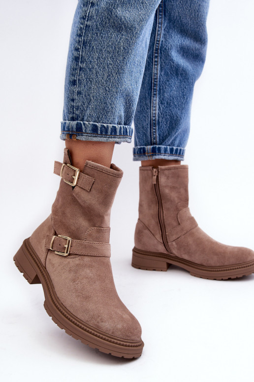 Botas femininas bege com fivela de salto largo Bliggore