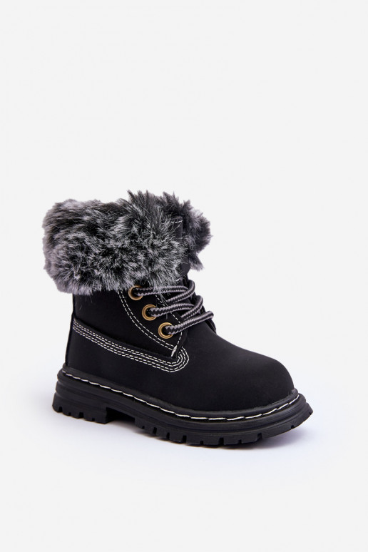 Botas infantis com cadarço e zíper com pelo na cor preta Gerande