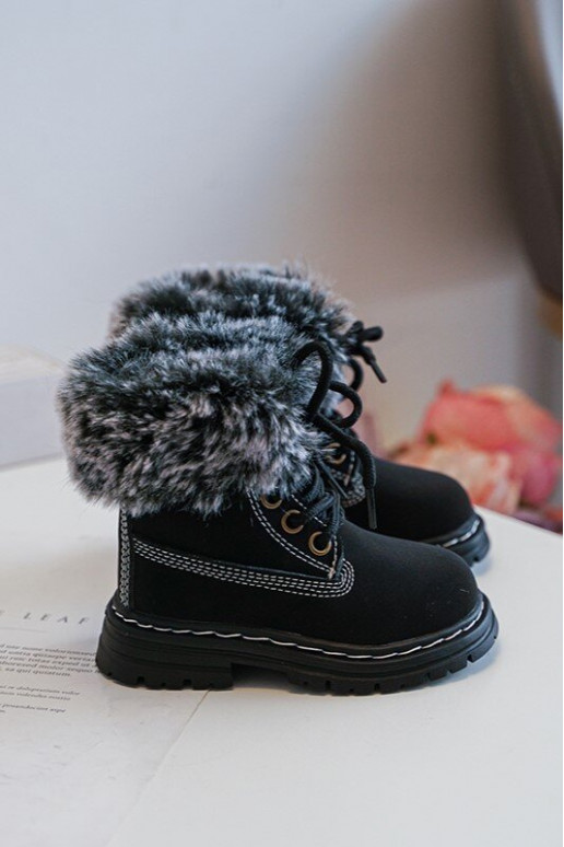 Botas infantis com cadarço e zíper com pelo na cor preta Gerande