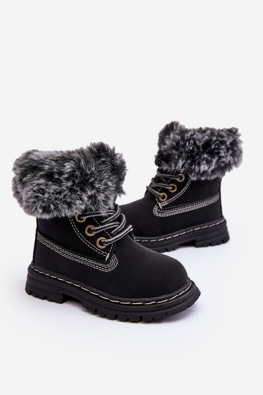 Botas infantis com cadarço e zíper com pelo na cor preta Gerande