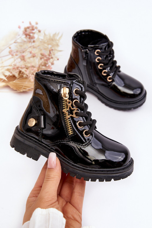 Botas infantis com efeito verniz com zíperes aquecidos cor preta Felori