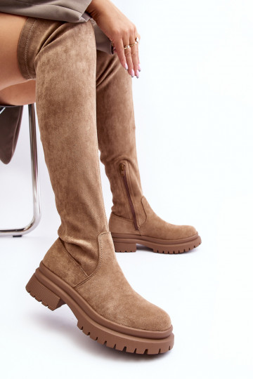 botas acima do joelho com salto largo em bege Silune 2