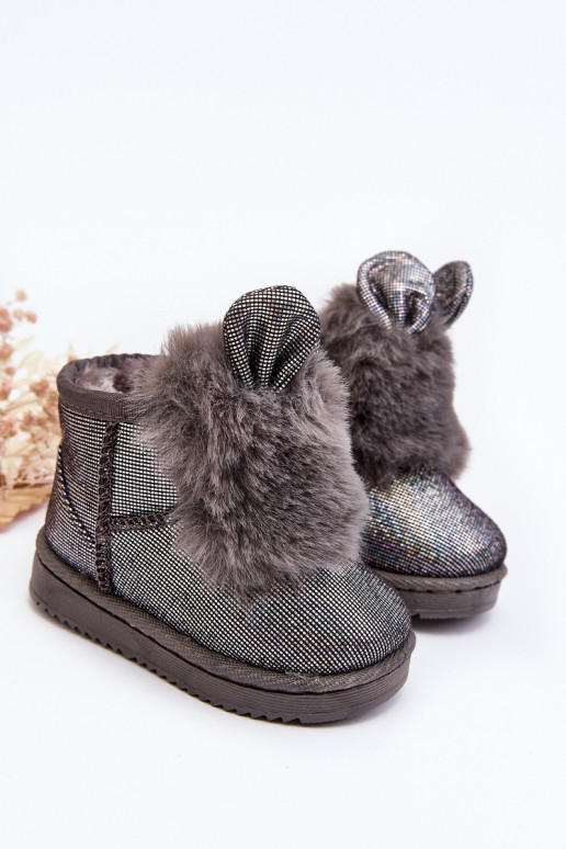 Botas infantis de neve aquecidas com pêlo por dentro com orelhas, cor cinza Betty