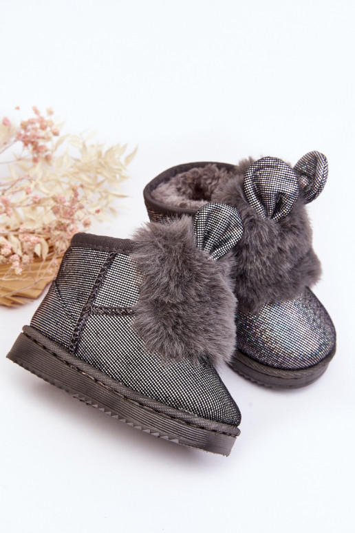Botas infantis de neve aquecidas com pêlo por dentro com orelhas, cor cinza Betty