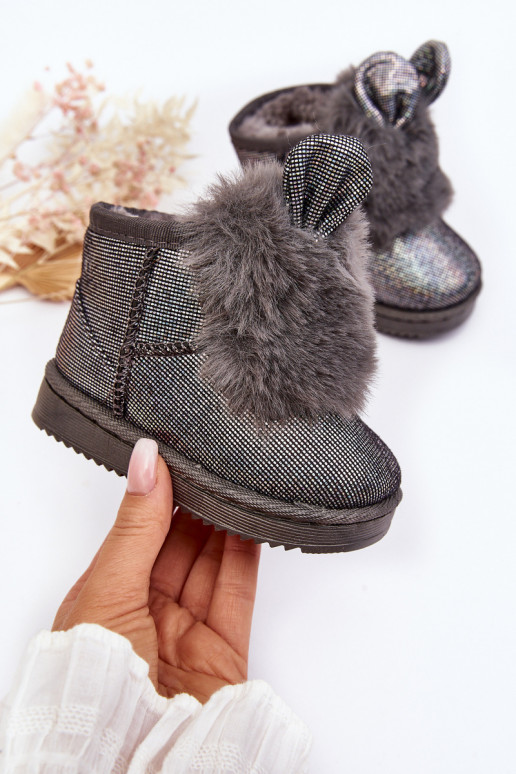 Botas infantis de neve aquecidas com pêlo por dentro com orelhas, cor cinza Betty