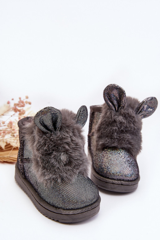 Botas infantis de neve aquecidas com pêlo por dentro com orelhas, cor cinza Betty