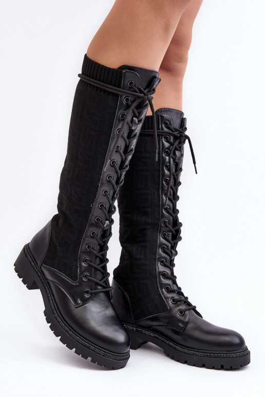botas femininas com cadarço e parte superior elástica em Virxinia preta