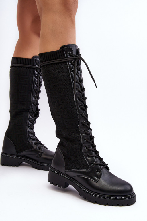botas femininas com cadarço e parte superior elástica em Virxinia preta