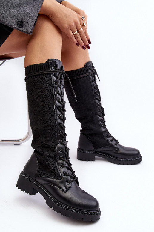 botas femininas com cadarço e parte superior elástica em Virxinia preta