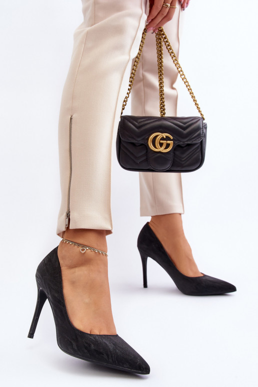 sapatos de salto alto decorados com cor preta brilhante Klonisa sapatos de salto alto decorados com cor preta brilhante Klonisa