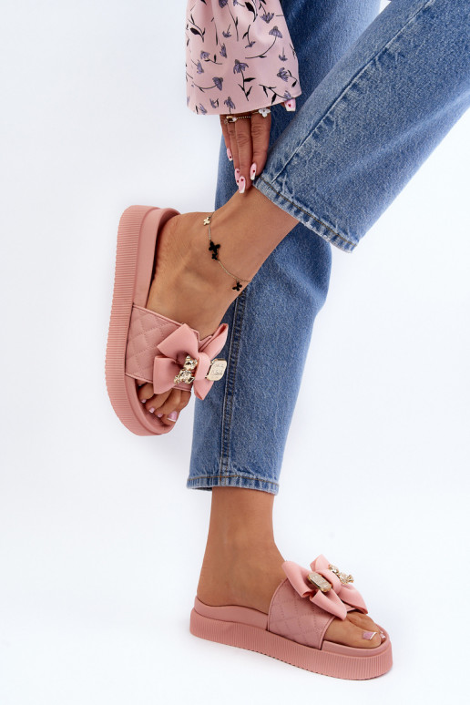 Chinelos femininos com laço e urso, Rožinė Katterina