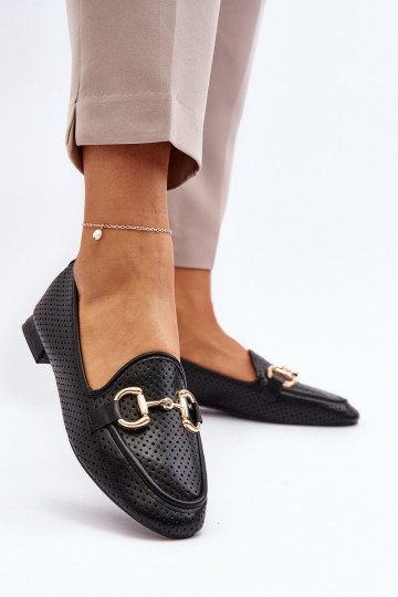 mocassins femininos de salto largo com enfeites em preto Iluvana
