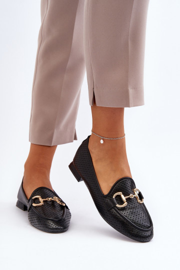 mocassins femininos de salto largo com enfeites em preto Iluvana 2