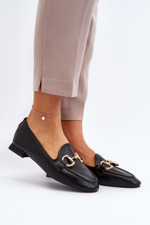 mocassins femininos de salto largo com enfeites em preto Iluvana