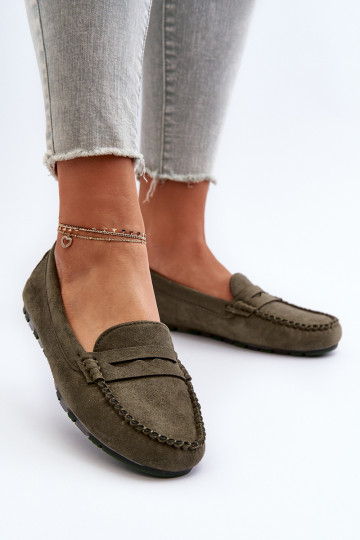 Mocassins femininos modelo clássico em camurça cáqui Glimris