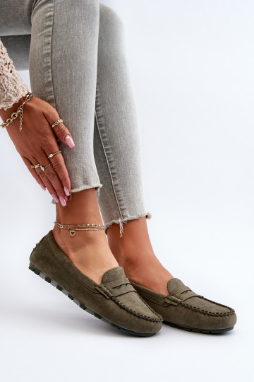 Mocassins femininos modelo clássico em camurça cáqui Glimris 2
