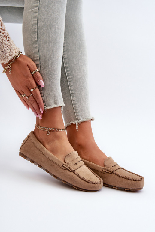 Mocassins femininos modelo clássico em camurça bege Glimris