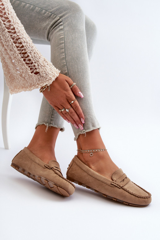 Mocassins femininos modelo clássico em camurça bege Glimris