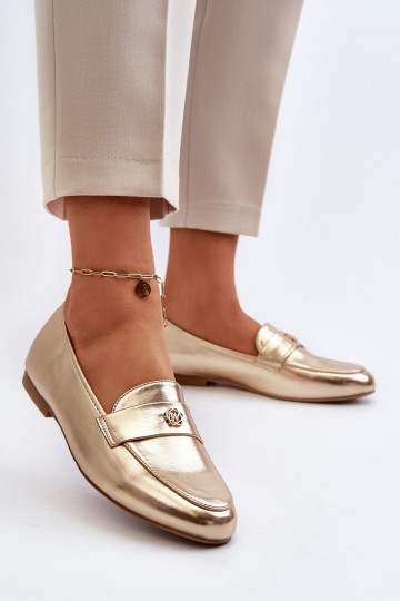 mocassins femininos com salto largo em ouro Sylvaine