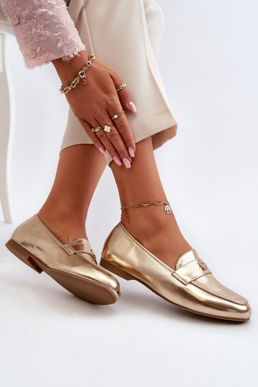 mocassins femininos com salto largo em ouro Sylvaine