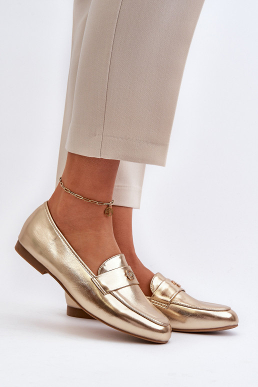 mocassins femininos com salto largo em ouro Sylvaine