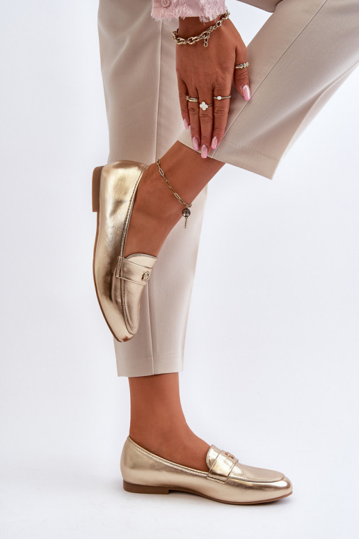 mocassins femininos com salto largo em ouro Sylvaine