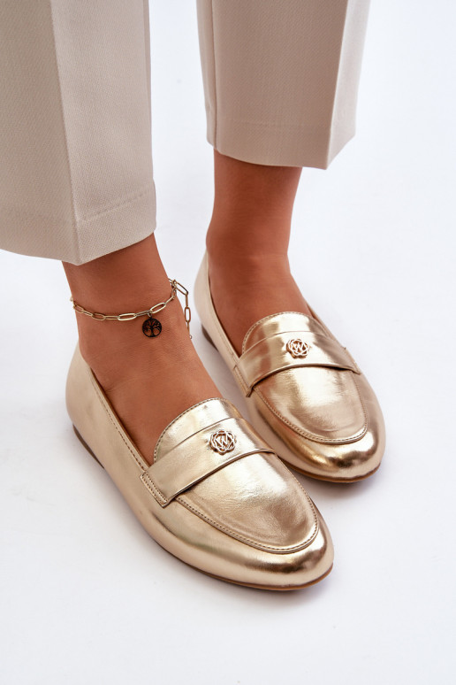 mocassins femininos com salto largo em ouro Sylvaine