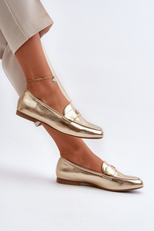 mocassins femininos com salto largo em ouro Sylvaine
