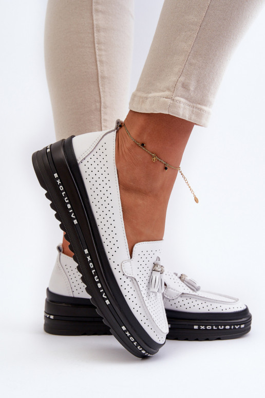 Mocassins femininos com sola folheada a ouro na cor branca Assetnima