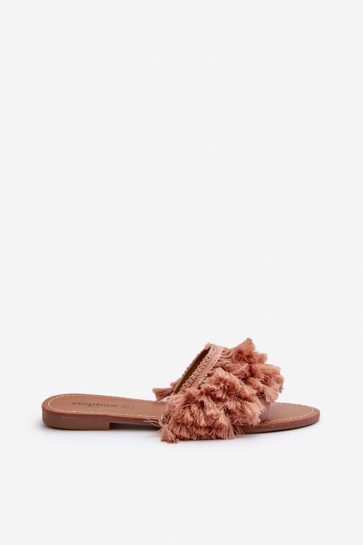 pés chatos Chinelos femininos com franjas em rosa Rialle pés chatos Chinelos femininos com franjas em rosa Rialle