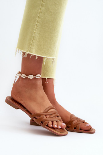 Chinelas femininas de couro sintético com saltos largos marrons Moldela 2