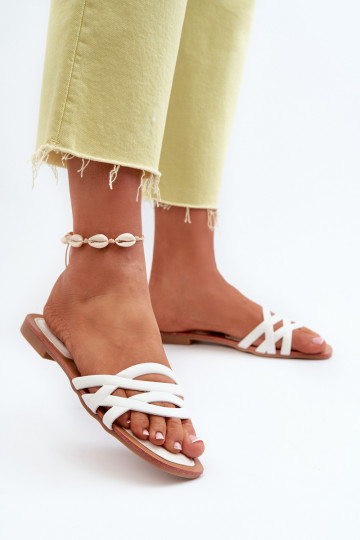 Chinelas femininas de couro sintético com saltos largos brancos Moldela 2