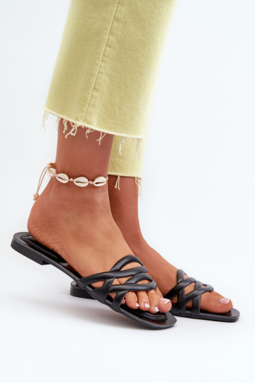 Chinelas femininas de couro sintético com saltos largos pretos Moldela 2