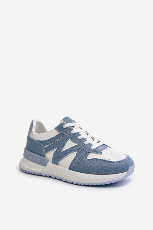 Material jeans Tênis modelo calçado confeccionado em couro ecológico cor azul Kaimans