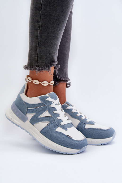 Material jeans Tênis modelo calçado confeccionado em couro ecológico cor azul Kaimans