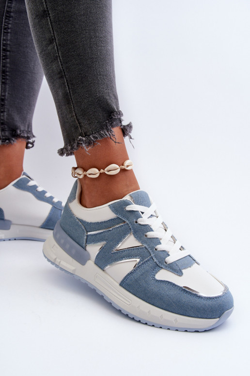 Material jeans Tênis modelo calçado confeccionado em couro ecológico cor azul Kaimans