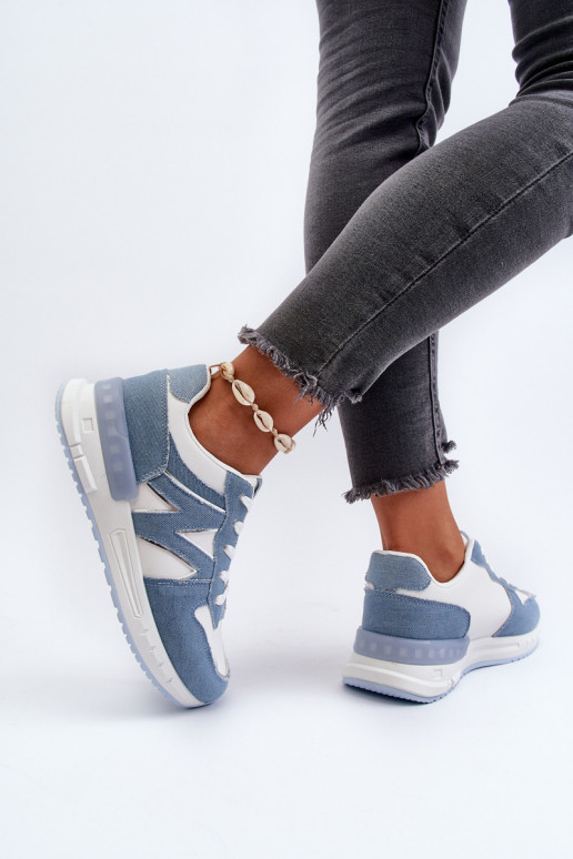Material jeans Tênis modelo calçado confeccionado em couro ecológico cor azul Kaimans