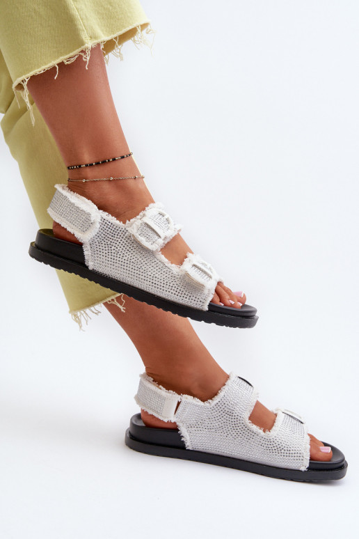 Material jeans Decorado Sandálias femininas cor branca Irmale Material jeans Decorado Sandálias femininas cor branca Irmale