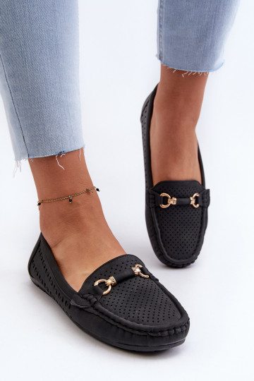 Mocassins femininos vazados com enfeites em Kaydance preto