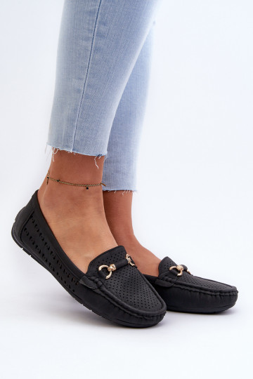Mocassins femininos vazados com enfeites em Kaydance preto 2