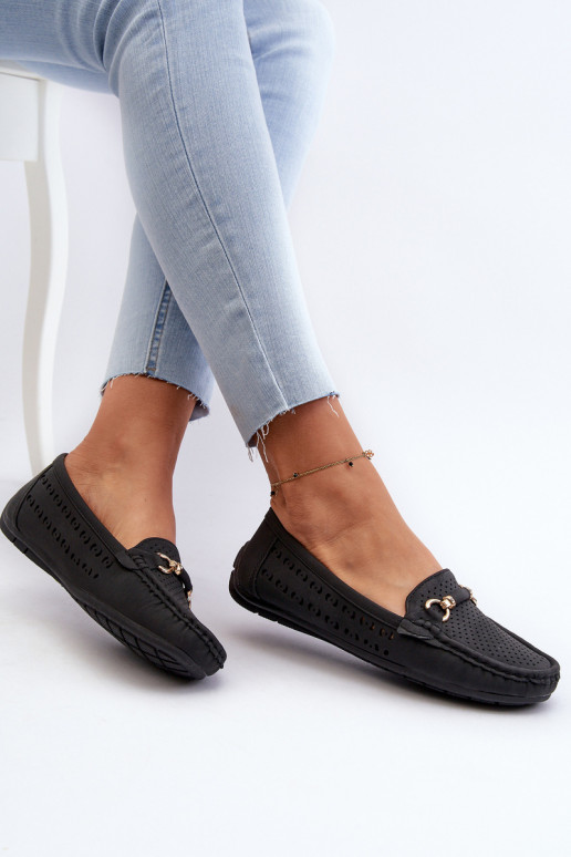 Mocassins femininos vazados com enfeites em Kaydance preto