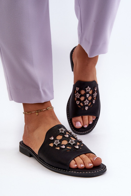 com brilho Sandálias femininas com lindos detalhes S.Barski KV27-063 cor preta