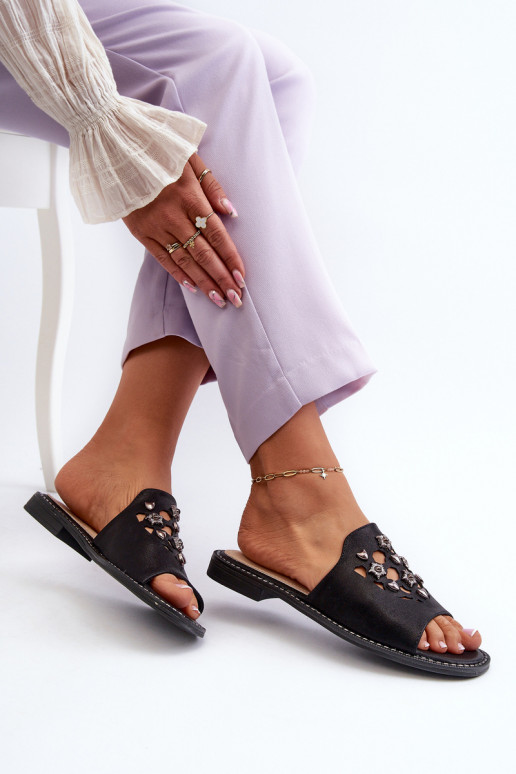 com brilho Sandálias femininas com lindos detalhes S.Barski KV27-063 cor preta