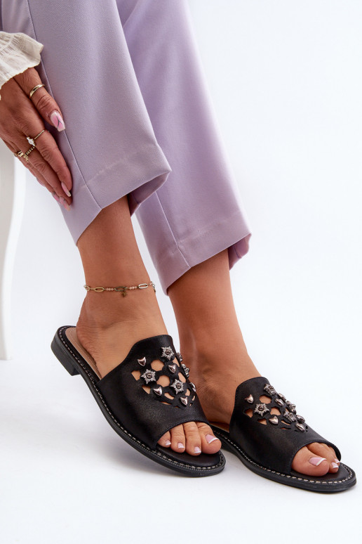 com brilho Sandálias femininas com lindos detalhes S.Barski KV27-063 cor preta