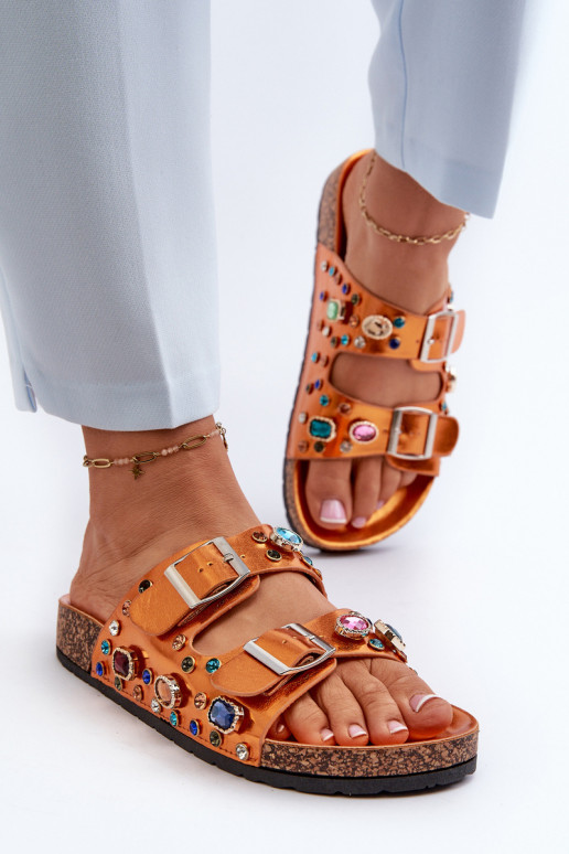 Chinelos femininos decorados com fivelas S.Barski MY121 cor laranja