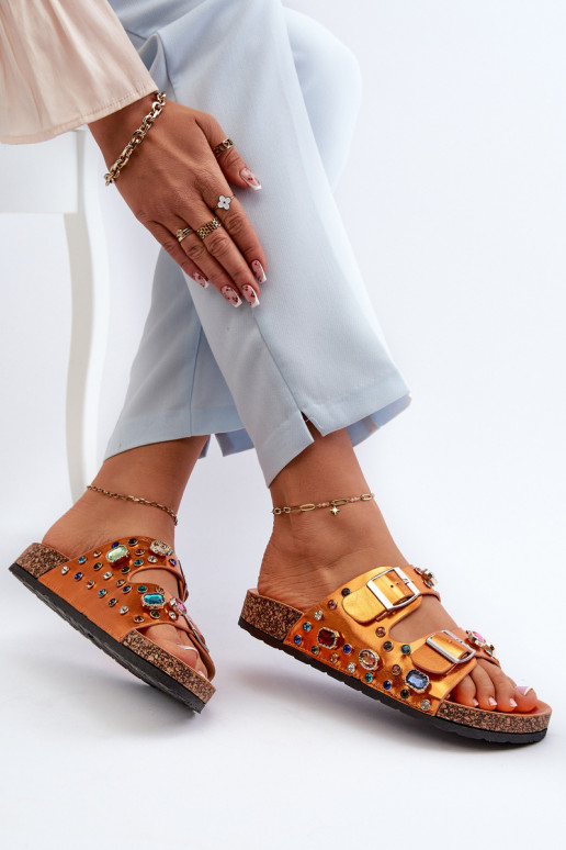 Chinelos femininos decorados com fivelas S.Barski MY121 cor laranja