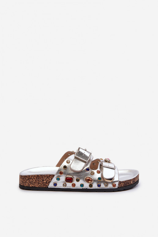 Chinelos femininos decorados com fivelas S.Barski MY121 cor prata