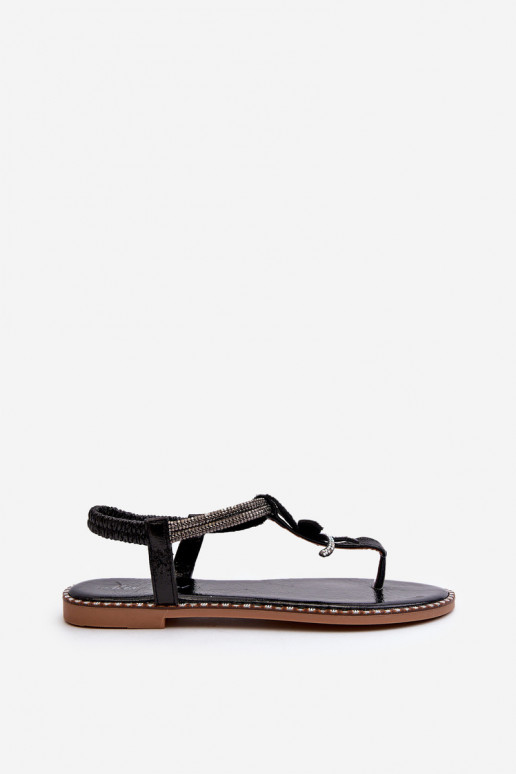 Sandálias rasteiras femininas com flores na cor preta Edoni