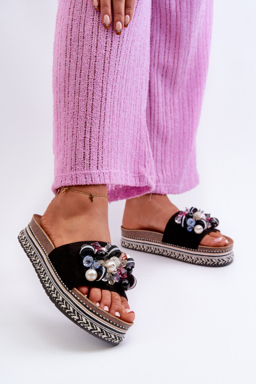 Chinelos femininos com plataforma com lindos detalhes S.Barski HY077 preto