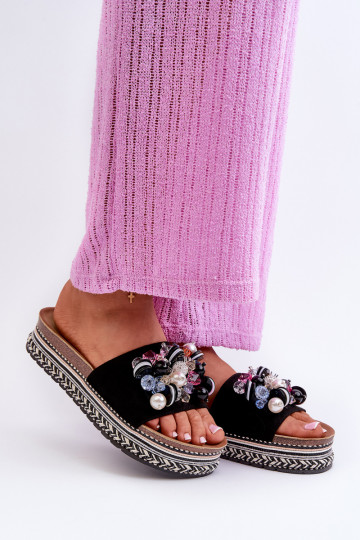 Chinelos femininos com plataforma com lindos detalhes S.Barski HY077 preto 2